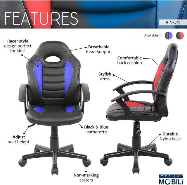 Alt view image 4 of 7 - Techni Mobili Kid's Gaming and Student Racer Chair with Wheels, Resemblance of a sport's car interior, Polypropylene, Blue