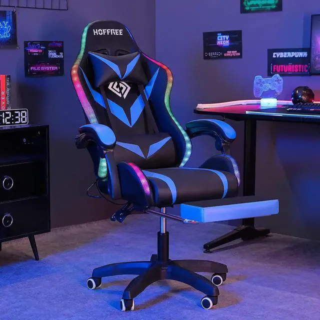 Alt view image 2 of 7 - RGB Gaming Chair with Massage and LED Lights Ergonomic Video Game Chairs with Footrest High Back Reclining Computer Chair with Adjustable Lumbar Support Blue and Black