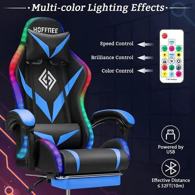 Alt view image 4 of 7 - RGB Gaming Chair with Massage and LED Lights Ergonomic Video Game Chairs with Footrest High Back Reclining Computer Chair with Adjustable Lumbar Support Blue and Black