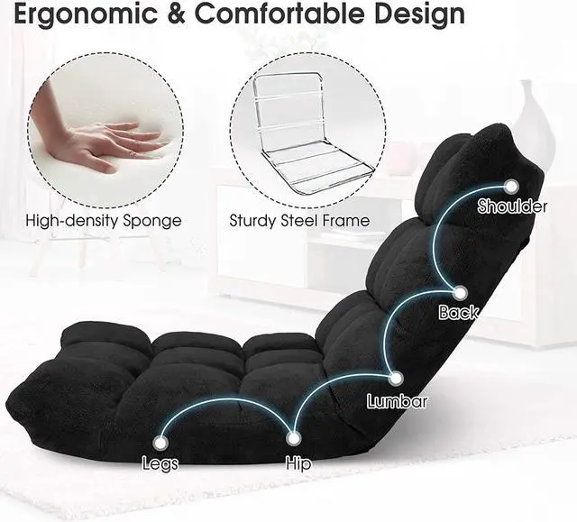 Alt view image 5 of 7 - Giantex Floor Chair with Back Support, Folding Sofa Chair with 14 Adjustable Position, Padded Sleeper Bed, Couch Recliner, Floor Gaming Chair, Meditation Chair, Gaming Floor Chairs for Adults(Black)