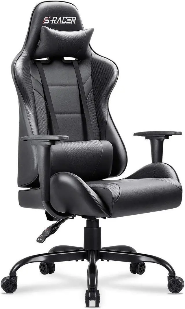 Main image of Gaming Chair Computer Office High Back Leather Gamer Desk Chair Ergonomic Adjustable Swivel Racing Chair with Headrest and Lumbar Support (Black)