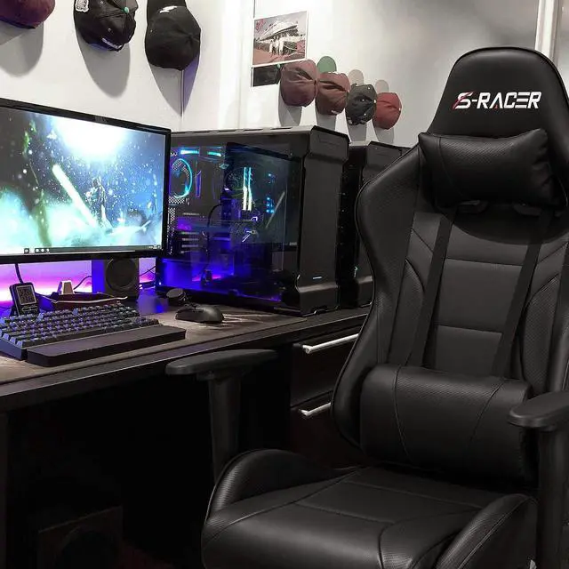 Alt view image 2 of 7 - Gaming Chair Computer Office High Back Leather Gamer Desk Chair Ergonomic Adjustable Swivel Racing Chair with Headrest and Lumbar Support (Black)