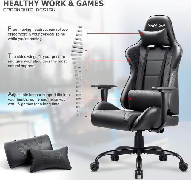 Alt view image 6 of 7 - Gaming Chair Computer Office High Back Leather Gamer Desk Chair Ergonomic Adjustable Swivel Racing Chair with Headrest and Lumbar Support (Black)