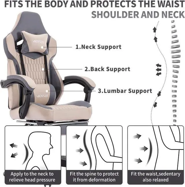 Alt view image 3 of 7 - WOTSTA Gaming Chair with Footrest,High Back Gaming Chairs PVC Leather Ergonomic Office Gamer Chair Adjustable Headrest Lumbar Support Racing Style Video Gaming Chair for Office/Home (Grey)