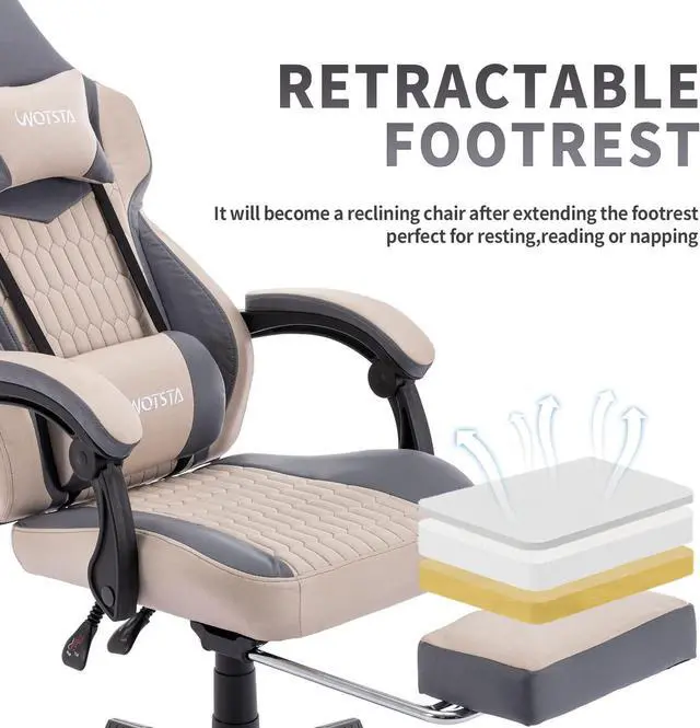 Alt view image 7 of 7 - WOTSTA Gaming Chair with Footrest,High Back Gaming Chairs PVC Leather Ergonomic Office Gamer Chair Adjustable Headrest Lumbar Support Racing Style Video Gaming Chair for Office/Home (Grey)