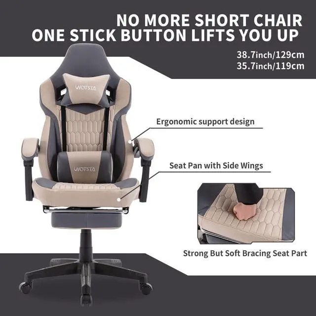 Alt view image 6 of 7 - WOTSTA Gaming Chair with Footrest,High Back Gaming Chairs PVC Leather Ergonomic Office Gamer Chair Adjustable Headrest Lumbar Support Racing Style Video Gaming Chair for Office/Home (Grey)