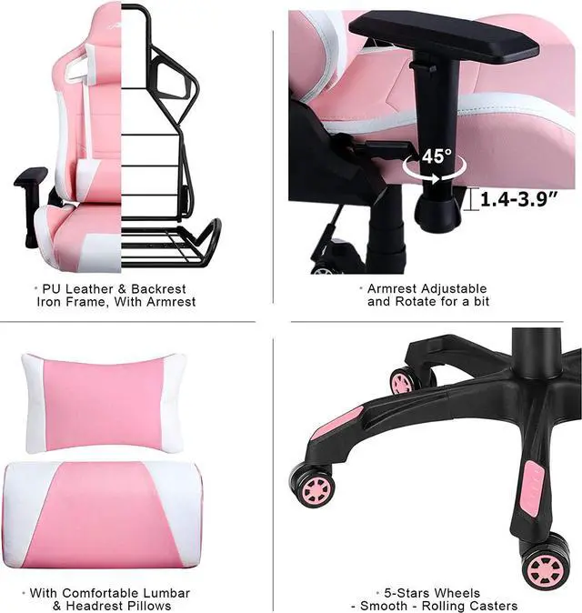 Alt view image 6 of 7 - Leopard Gaming Chair, High Back PU Leather Office Chair, Adjustable Video Gaming Chairs, Swivel Racing Chair with Adjustable Armrest (White/Pink)