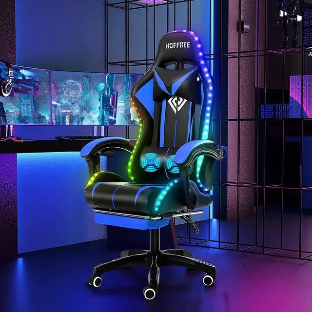 Alt view image 2 of 7 - Gaming Chair with LED RGB Lights and Massage Ergonomic Computer Gaming Chair with Footrest High Back Video Game Chair with Adjustable Lumbar Support Armrest Blue and Black