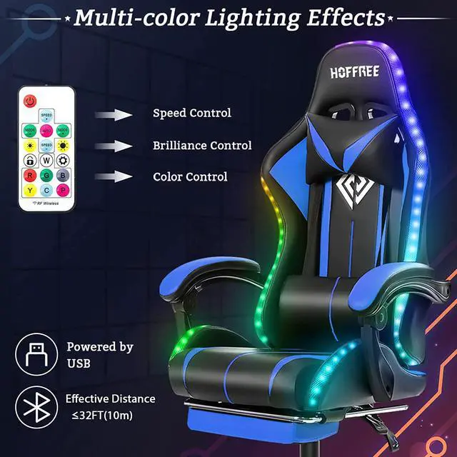 Alt view image 4 of 7 - Gaming Chair with LED RGB Lights and Massage Ergonomic Computer Gaming Chair with Footrest High Back Video Game Chair with Adjustable Lumbar Support Armrest Blue and Black
