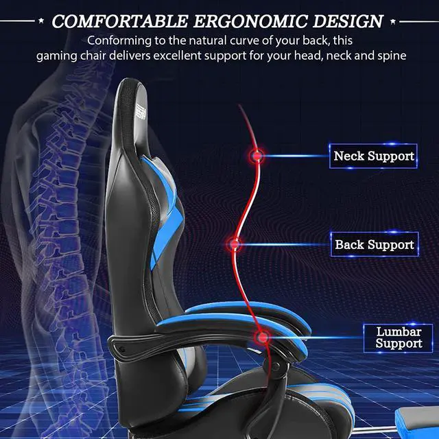 Alt view image 6 of 7 - Gaming Chair with LED RGB Lights and Massage Ergonomic Computer Gaming Chair with Footrest High Back Video Game Chair with Adjustable Lumbar Support Armrest Blue and Black