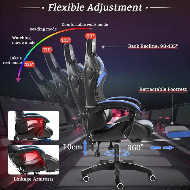 Alt view image 7 of 7 - Gaming Chair with LED RGB Lights and Massage Ergonomic Computer Gaming Chair with Footrest High Back Video Game Chair with Adjustable Lumbar Support Armrest Blue and Black