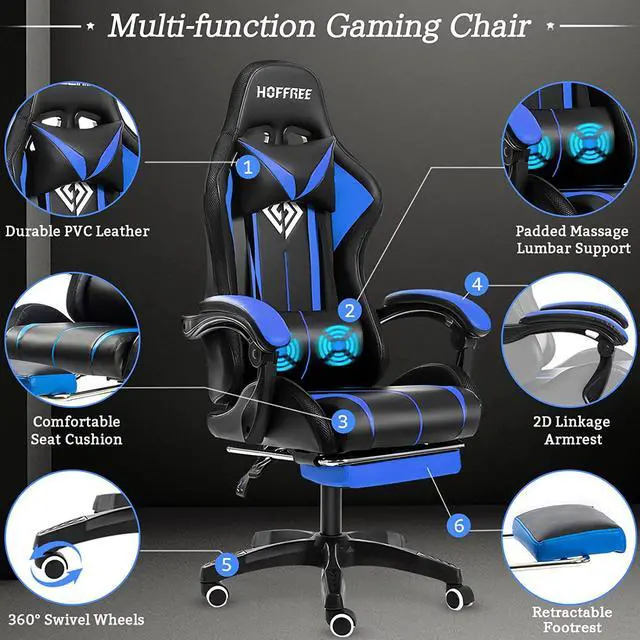 Alt view image 5 of 7 - Gaming Chair with LED RGB Lights and Massage Ergonomic Computer Gaming Chair with Footrest High Back Video Game Chair with Adjustable Lumbar Support Armrest Blue and Black
