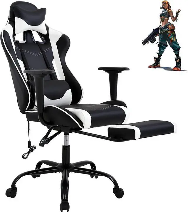 Main image of Gaming Chair High Back Computer Gaming Chair with Footrest, Ergonomic Game Chair PU Leather Racing Office Chair Adjustable Task Chair w/Headrest Armrest & Massage Function Lumbar Support-White