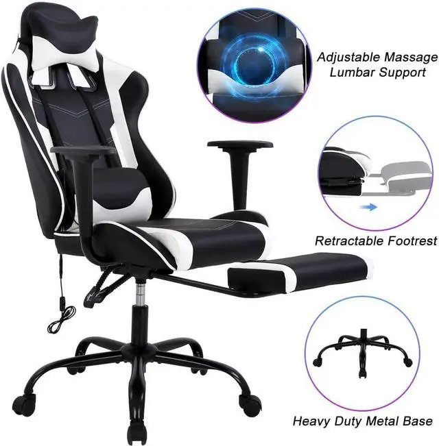 Alt view image 2 of 7 - Gaming Chair High Back Computer Gaming Chair with Footrest, Ergonomic Game Chair PU Leather Racing Office Chair Adjustable Task Chair w/Headrest Armrest & Massage Function Lumbar Support-White