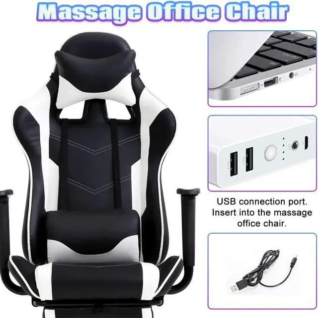 Alt view image 3 of 7 - Gaming Chair High Back Computer Gaming Chair with Footrest, Ergonomic Game Chair PU Leather Racing Office Chair Adjustable Task Chair w/Headrest Armrest & Massage Function Lumbar Support-White