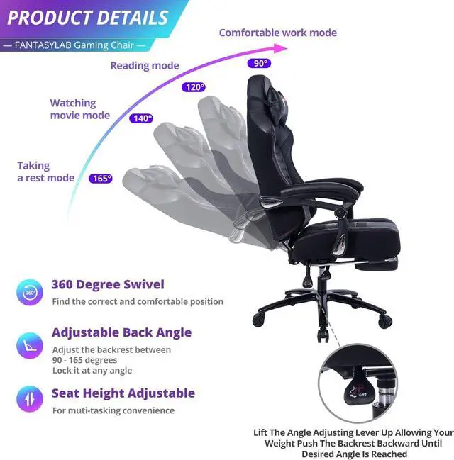 Alt view image 5 of 6 - Fantasylab Big and Tall Gaming Chair 400LBS Gaming Chair with Footrest Massage Gaming Chair Memory Foam Adjustable Tilt Back Angle Gaming Chair for Heavy People with Metal Base