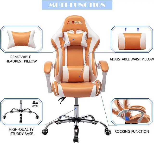 Alt view image 4 of 6 - Gaming ChairGamer Chair High Back Ergonomic AdjustableRacing Style PU Leather Gaming Chair for AdultsComputer Gaming Chair with Headrest and Lumbar Support (White Orange)