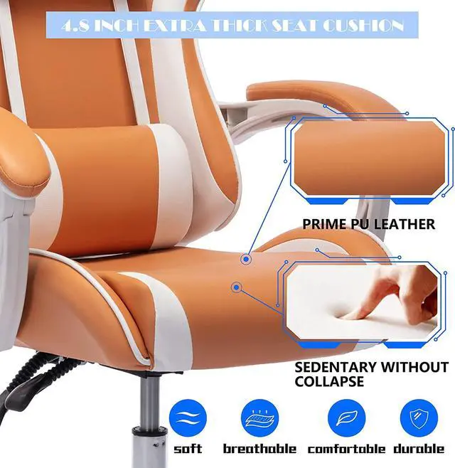 Alt view image 3 of 6 - Gaming ChairGamer Chair High Back Ergonomic AdjustableRacing Style PU Leather Gaming Chair for AdultsComputer Gaming Chair with Headrest and Lumbar Support (White Orange)