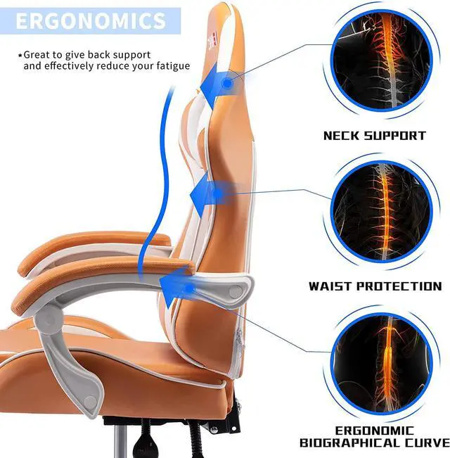 Alt view image 5 of 6 - Gaming ChairGamer Chair High Back Ergonomic AdjustableRacing Style PU Leather Gaming Chair for AdultsComputer Gaming Chair with Headrest and Lumbar Support (White Orange)