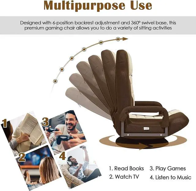 Alt view image 3 of 7 - ERGOMASTER 360 Degree Swivel Video Gaming Floor Chair w/Armrests, Adjustable 6-Position Folding Floor Chair, Padded Backrest for Game, Reading (Brown/Beige)