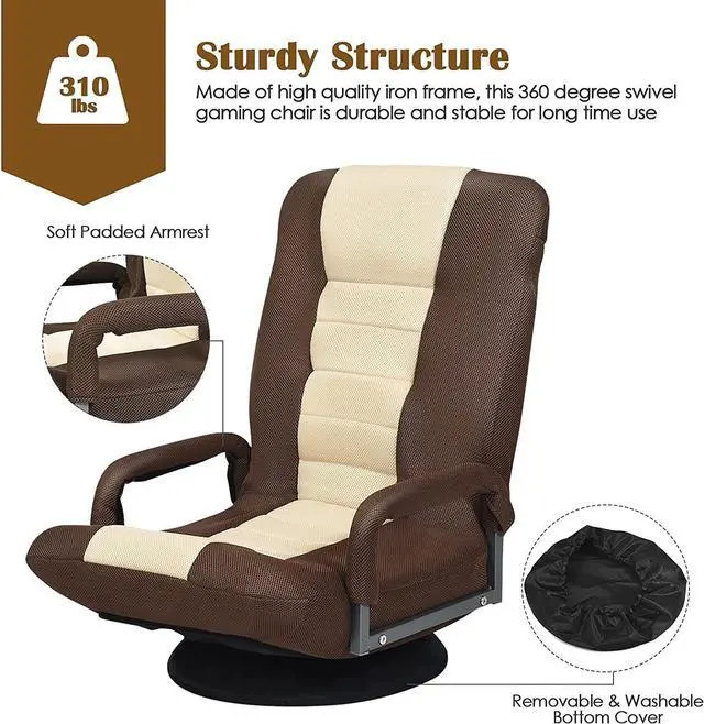 Alt view image 5 of 7 - ERGOMASTER 360 Degree Swivel Video Gaming Floor Chair w/Armrests, Adjustable 6-Position Folding Floor Chair, Padded Backrest for Game, Reading (Brown/Beige)