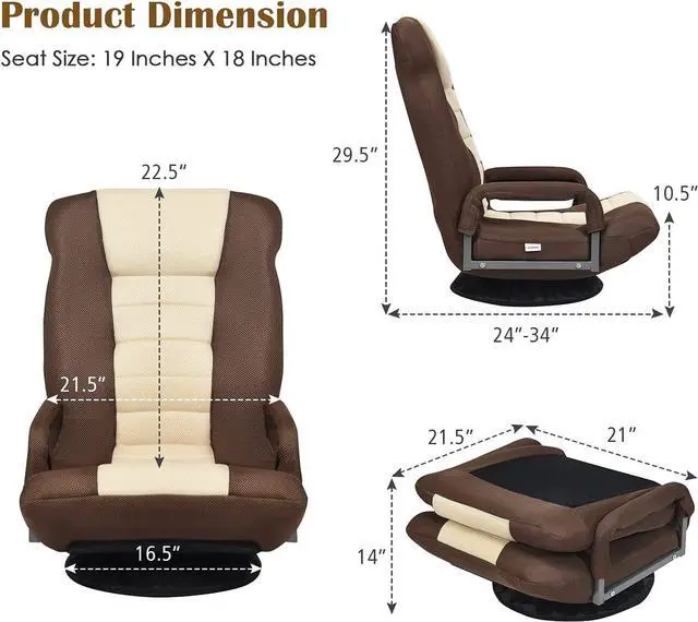 Alt view image 2 of 7 - ERGOMASTER 360 Degree Swivel Video Gaming Floor Chair w/Armrests, Adjustable 6-Position Folding Floor Chair, Padded Backrest for Game, Reading (Brown/Beige)