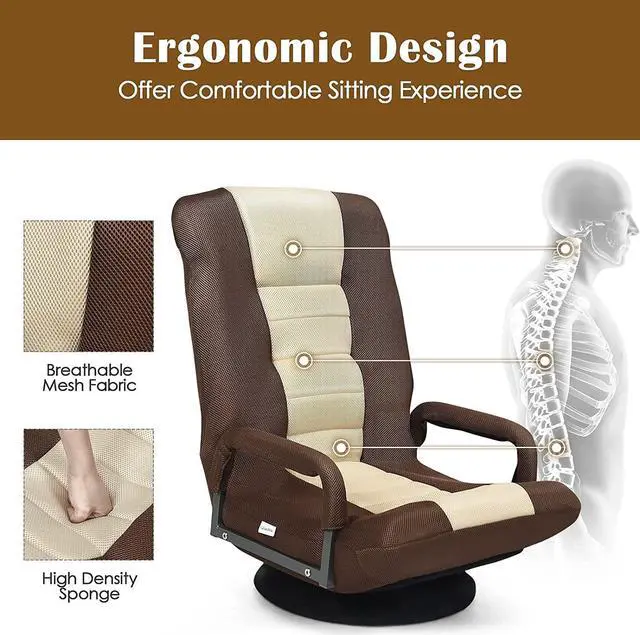 Alt view image 4 of 7 - ERGOMASTER 360 Degree Swivel Video Gaming Floor Chair w/Armrests, Adjustable 6-Position Folding Floor Chair, Padded Backrest for Game, Reading (Brown/Beige)