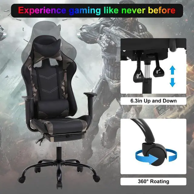 Alt view image 5 of 7 - Gaming Chair Computer Chair Ergonomic Gaming Chair with Footrest Reclining High Back Video Game Chair with Lumbar Support Headrest Armrest Swivel Seat for Women, Men (Camo)