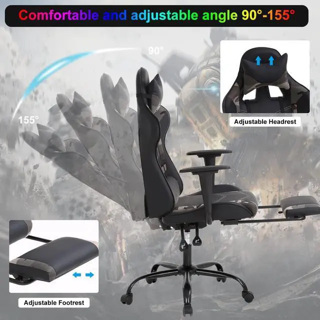 Alt view image 3 of 7 - Gaming Chair Computer Chair Ergonomic Gaming Chair with Footrest Reclining High Back Video Game Chair with Lumbar Support Headrest Armrest Swivel Seat for Women, Men (Camo)