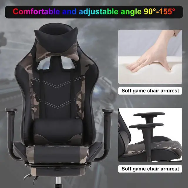 Alt view image 4 of 7 - Gaming Chair Computer Chair Ergonomic Gaming Chair with Footrest Reclining High Back Video Game Chair with Lumbar Support Headrest Armrest Swivel Seat for Women, Men (Camo)