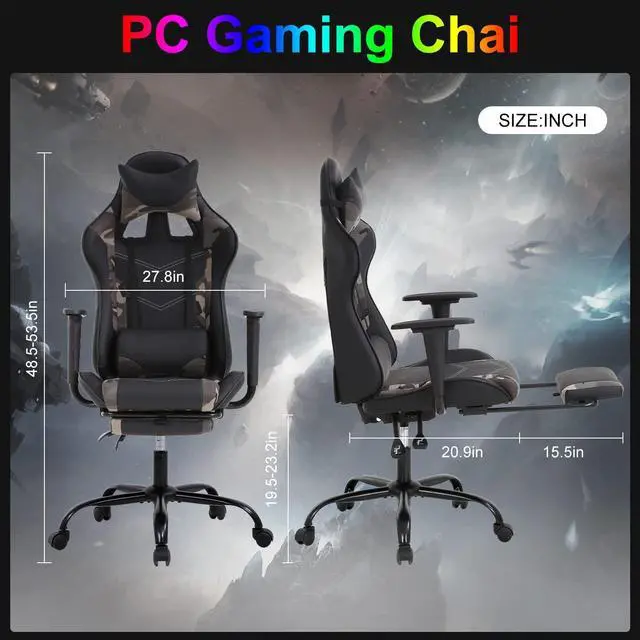 Alt view image 2 of 7 - Gaming Chair Computer Chair Ergonomic Gaming Chair with Footrest Reclining High Back Video Game Chair with Lumbar Support Headrest Armrest Swivel Seat for Women, Men (Camo)