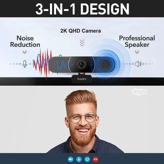 Alt view image 3 of 7 - 3 in 1 Webcam - 2K HD USB C Webcam with Microphone and Speaker, Stereo Sound & Noise-Cancelling Mics, Privacy Cover, Light Correction, Autofocus Conference Web Camera for Computer/Laptop/PC/Monitor