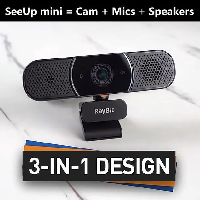 Alt view image 2 of 7 - 3 in 1 Webcam - 2K HD USB C Webcam with Microphone and Speaker, Stereo Sound & Noise-Cancelling Mics, Privacy Cover, Light Correction, Autofocus Conference Web Camera for Computer/Laptop/PC/Monitor