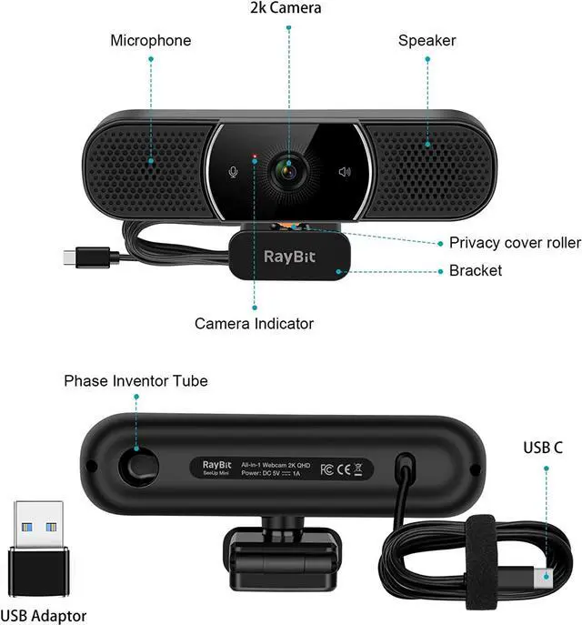 Alt view image 6 of 7 - 3 in 1 Webcam - 2K HD USB C Webcam with Microphone and Speaker, Stereo Sound & Noise-Cancelling Mics, Privacy Cover, Light Correction, Autofocus Conference Web Camera for Computer/Laptop/PC/Monitor