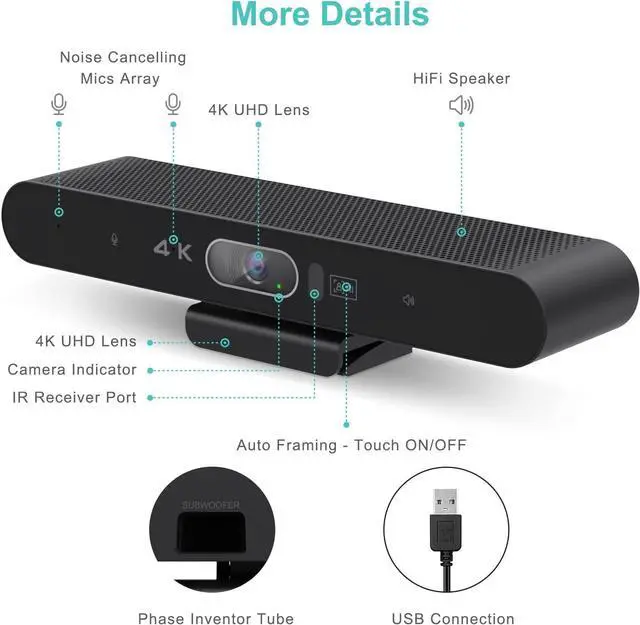 Alt view image 6 of 7 - 4K Pro Audio and Video Conference Room Camera with Remote Control for Windows TV, AI-Powered HD Webcam Microphone & Speaker Desktop Computer/PC/Monitor/Laptop/Teams/Zoom/Skype by DT