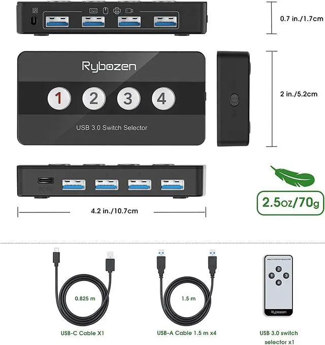 Alt view image 6 of 7 - USB 3.0 Switch Selector, 4 Port KVM Switch USB Peripheral Switcher Box, 4 Computers Sharing 4 USB Devices, for PC, Printer, Scanner, Mouse, Keyboard, Button Switch & Remote Control