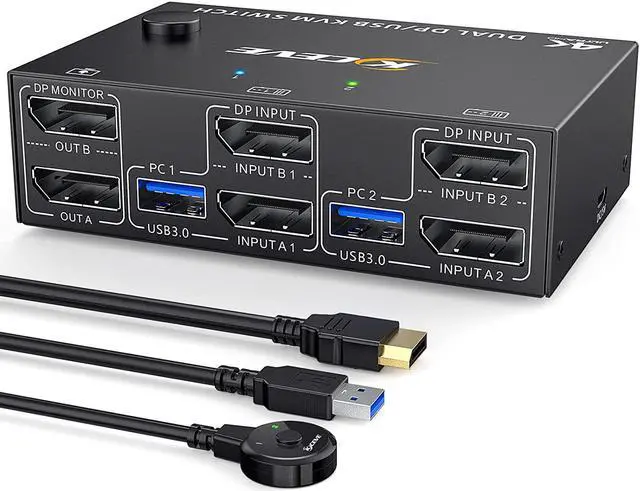 Main image of KVM Switch Dual Monitor DisplayPort 1.4 8K@30Hz 4K@144Hz 2 in 2 Out,DP1.4 KVM Switch and 4 USB3.0 for 2 Computers,Backnward Compatible DP1.2 with DP+UBS Cables and Wired Controller