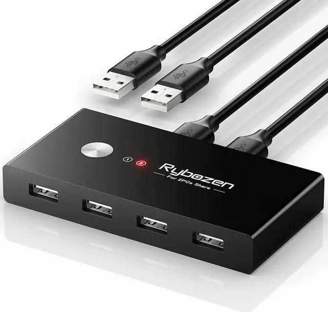 Main image of USB Switch Selector 2 Computers Sharing 4 USB Devices USB 2.0 Peripheral Switcher Box Hub for Keyboard, Mouse, Scanner, Printer, with One-Button Swapping and 2 USB Cables