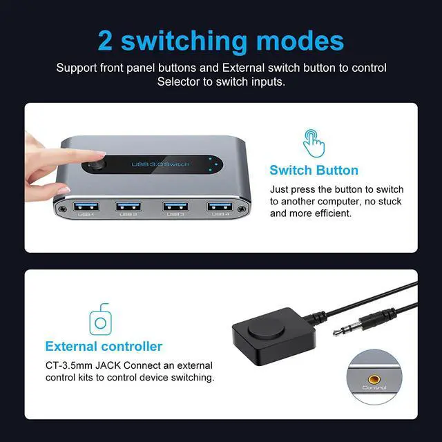 Alt view image 5 of 7 - USB 3.0 Switch Selector 4 Port KVM Switches 2 Computers Sharing 4 USB Devices Peripheral Switcher Box Hub for Mouse Keyboard Scanner Printer with Wire-Desktop Controller and 2 Pack USB 3.0 Cable