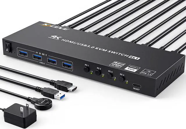 Main image of USB 3.0 KVM Switch HDMI 4 Port Support 4K@60Hz 2K@120Hz Simulation EDID,MLEEDA HDMI USB Switch for 4 Computers Share 1 Monitor and 4 USB 3.0 Port,with Desktop Controller and KVM Cables