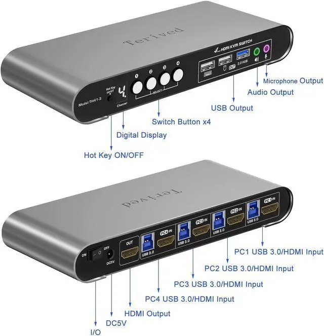 Alt view image 3 of 7 - 4 Computers 1 HDMI Monitor KVM Switch 4K@60Hz, Hotkey Switching, EDID, with Audio and Microphone, Aluminum Shell with Digital Display, USB 3.0 Hub, HDR10 with Cables