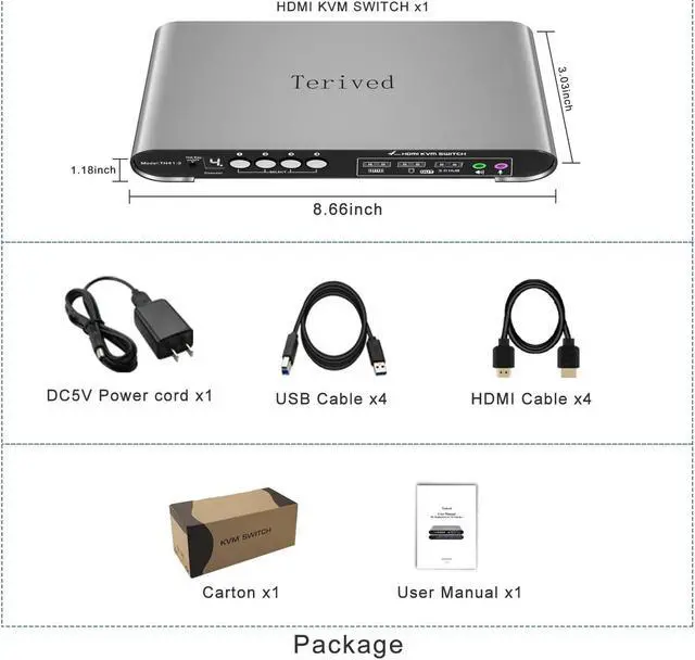 Alt view image 6 of 7 - 4 Computers 1 HDMI Monitor KVM Switch 4K@60Hz, Hotkey Switching, EDID, with Audio and Microphone, Aluminum Shell with Digital Display, USB 3.0 Hub, HDR10 with Cables