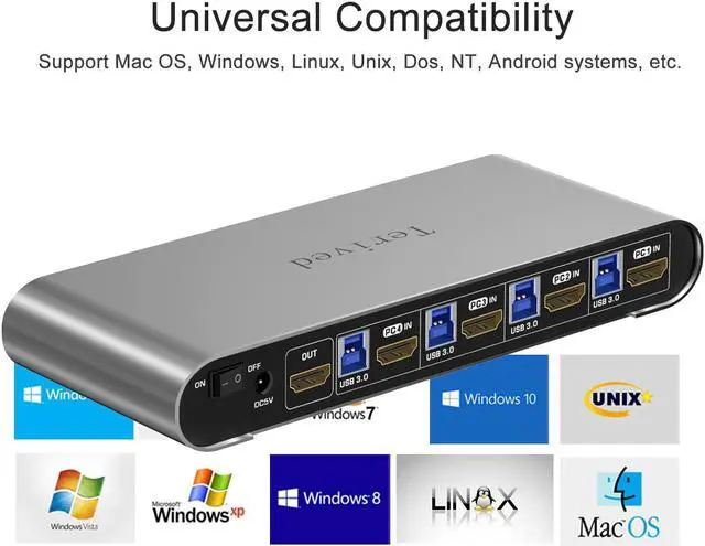 Alt view image 7 of 7 - 4 Computers 1 HDMI Monitor KVM Switch 4K@60Hz, Hotkey Switching, EDID, with Audio and Microphone, Aluminum Shell with Digital Display, USB 3.0 Hub, HDR10 with Cables