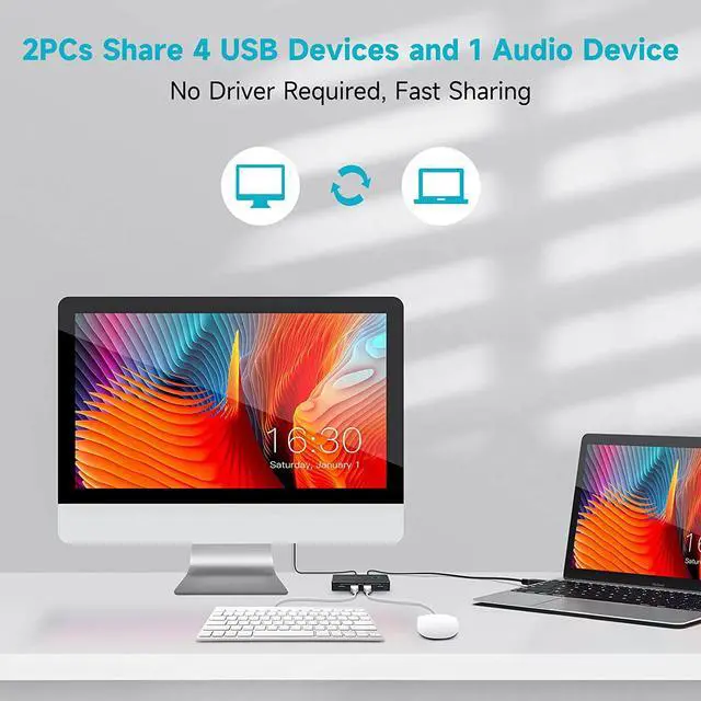Alt view image 2 of 7 - USB Switch, ikuai Aluminum USB 3.0 Switch Selector for 2 Computer Sharing 4 USB Device + 1 Audio Output, One-Button Control KM Switcher Box with 2X USB Cables for Printer Mouse Headset Peripheral