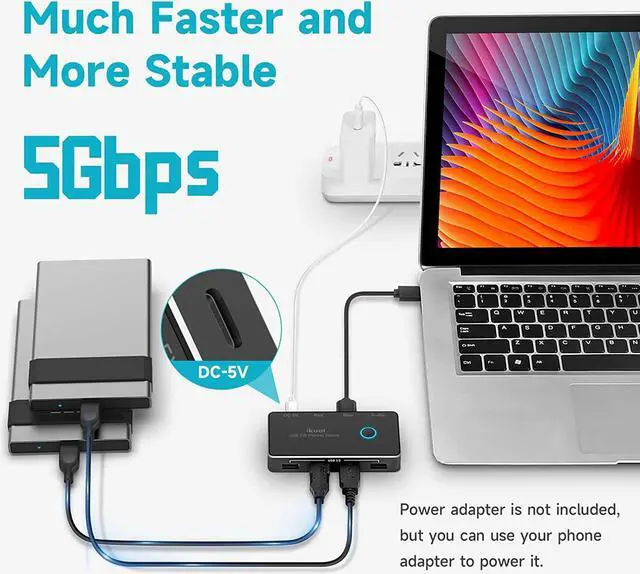 Alt view image 4 of 7 - USB Switch, ikuai Aluminum USB 3.0 Switch Selector for 2 Computer Sharing 4 USB Device + 1 Audio Output, One-Button Control KM Switcher Box with 2X USB Cables for Printer Mouse Headset Peripheral