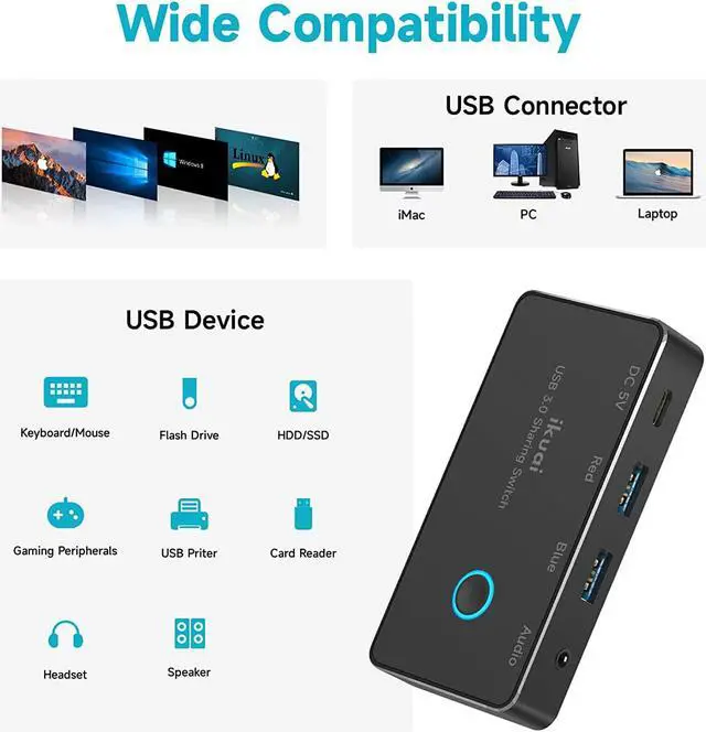 Alt view image 6 of 7 - USB Switch, ikuai Aluminum USB 3.0 Switch Selector for 2 Computer Sharing 4 USB Device + 1 Audio Output, One-Button Control KM Switcher Box with 2X USB Cables for Printer Mouse Headset Peripheral