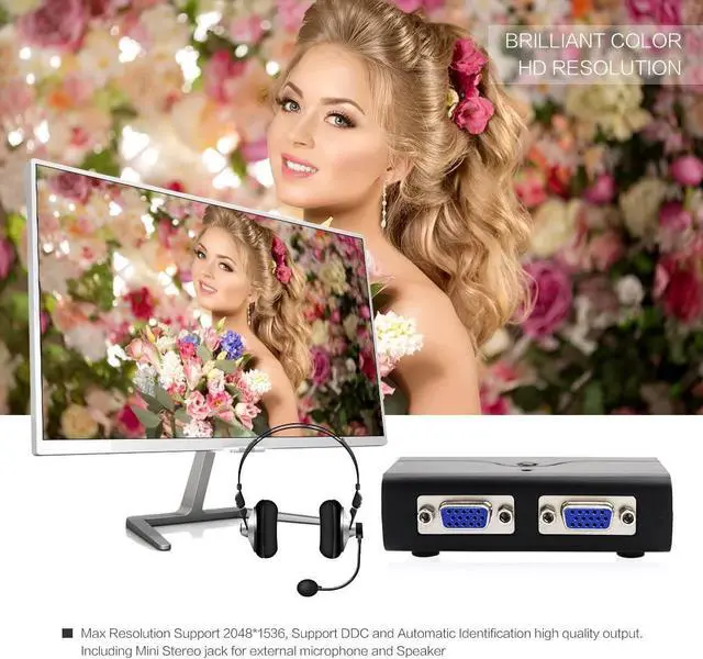 Alt view image 3 of 7 - 2 Port USB 2.0 VGA KVM Switch Up to 2048x1536 Resolution with USB Hub and Audio for PC or Monitor Switching