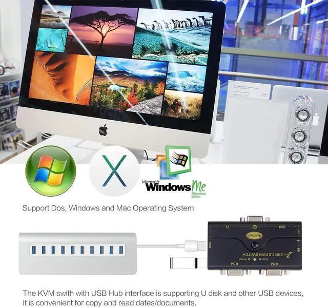 Alt view image 7 of 7 - 2 Port USB 2.0 VGA KVM Switch Up to 2048x1536 Resolution with USB Hub and Audio for PC or Monitor Switching