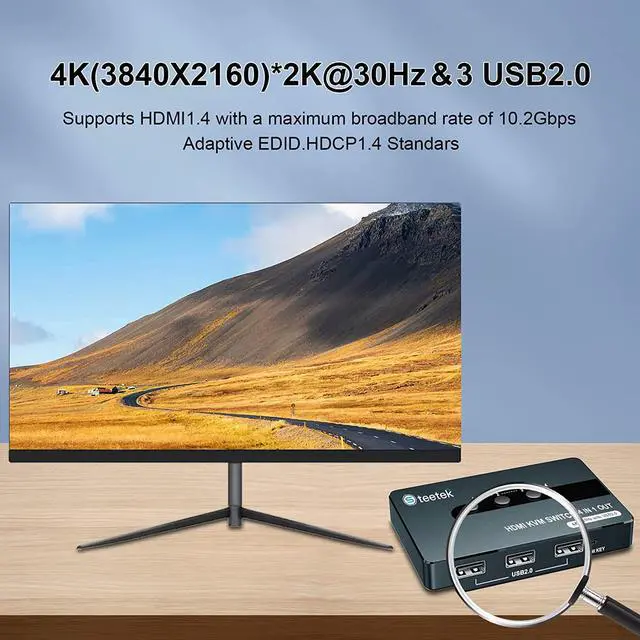 Alt view image 5 of 7 - HDMI KVM Switch 4 Computers 1 Monitor, Wired Remote & Button Switching, KVM Switches with UHD 4K@30Hz, 3 USB 2.0 Hub, 4 Port KVM Switch for 4 Computers Share 1 Monitor and 1 Set of Keyboard Mouse