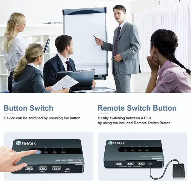 Alt view image 4 of 7 - HDMI KVM Switch 4 Computers 1 Monitor, Wired Remote & Button Switching, KVM Switches with UHD 4K@30Hz, 3 USB 2.0 Hub, 4 Port KVM Switch for 4 Computers Share 1 Monitor and 1 Set of Keyboard Mouse